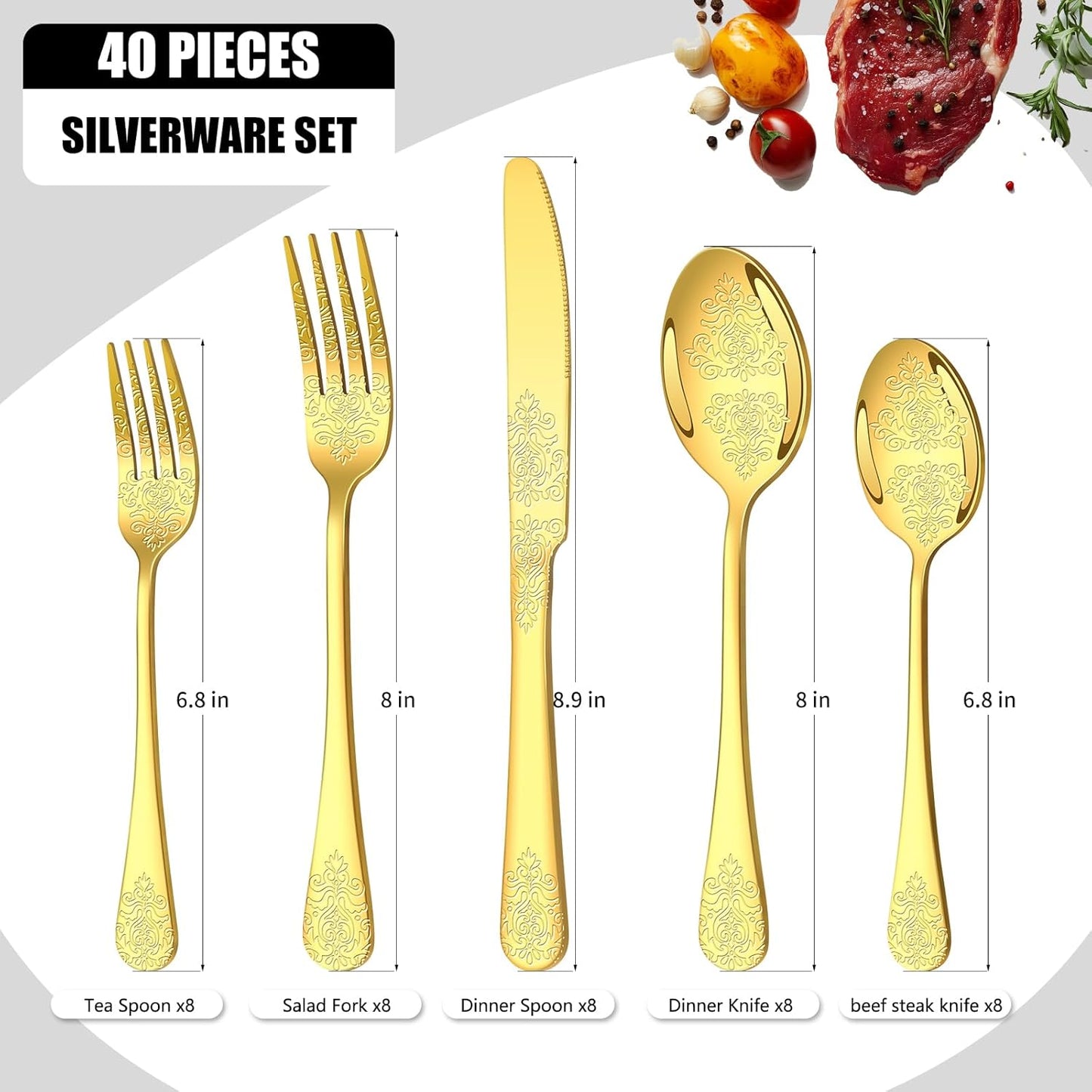 40 Pcs Gold Silverware Set for 8 with Classical Flower Embossed Design, Food Grade Stainless Steel Flatware Set, Eating Utensils Sets Include Fork/Knife/Spoon, Cutlery Set, Dishwasher Safe