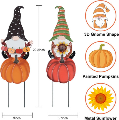 hogardeck Fall Decorations for Home Outdoor, 2 Pcs Metal Gnome Decorative Garden Stakes with Pumpkins for Fall Decor, Yard Signs for Garden Home Lawn Patio Thanksgiving Decorations
