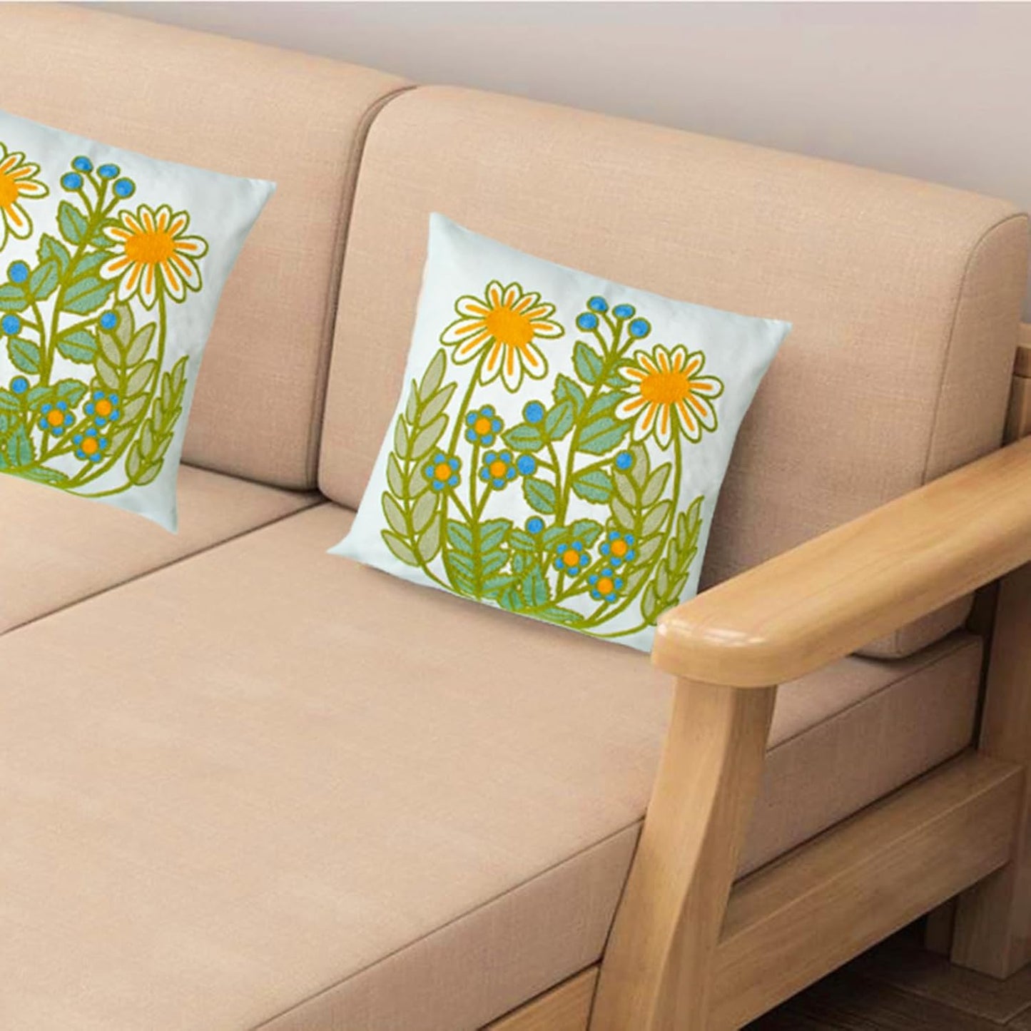 Embroidered Decorative Throw Pillow Cover, 18"x18" Set of 2, Farmhouse Pillowcase Daisy Knit Pattern Cotton Canvas Cushion Case Square Floral Pillow Case for Sofa Couch Bed Living Room…