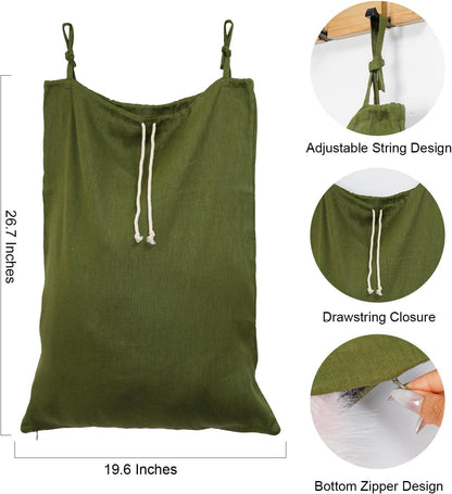 Linen Hanging Laundry Bag, Over The Door Laundry Hamper for Dirty Clothes, Drawstring Closure with Bottom Zipper, Army Green