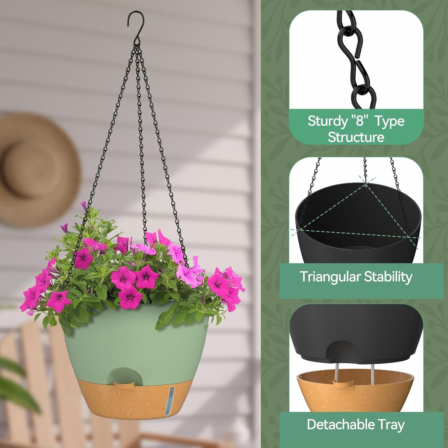 ZMTECH 12 Inch Hanging Planters for Indoor Outdoor Plants, 2 Pack Self Watering Hanging Plant Pots with Drainage Hole, Visual Reservoir, Plastic Flower Hanging Pots with Watering Lip (Green)