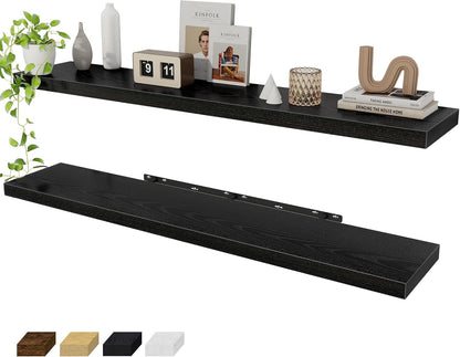 Fun Memories 55 Inch Floating Shelves for Wall 2 Pack Shelves for Bedroom|Kitchen|Bathroom 55 x 9.3 Inch Wood Floating Shelf with Invisible Brackets for Books|Storage|Decor, Black