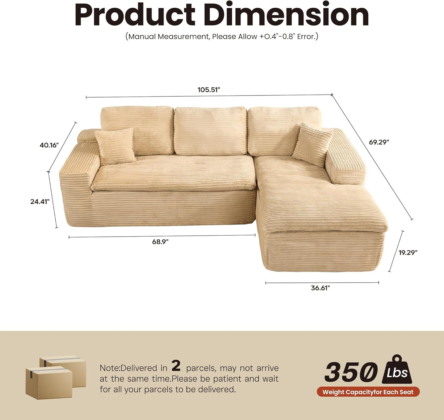 ovios 105” Modular Sectional Sofa with Thicken Seat Cushion, Cloud Couch with Deep Seat, Modern L-Shape Sofas Couches with Chaise,Upholstered Couches for Living Room Bedroom,Camel