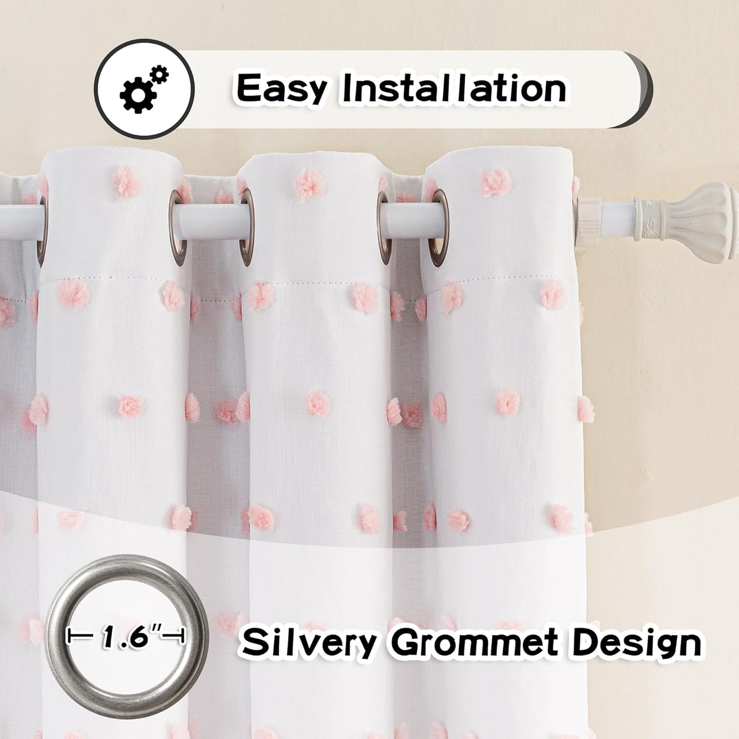 MYSKY HOME 100% Blackout Curtains for Nursery Thermal Insulated Pink Pom Pom Curtains 72 Inch Length for Girls Bedroom 2 Panels Grommet White Sheer Curtains for Kitchen Dining Room Door, 52W x 72L