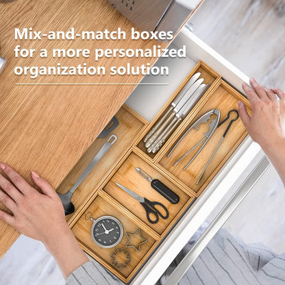 Bamboo Kitchen Drawer Organizer,Stackable Silverware Tray Utensil Organizer Cutlery Holder for Kitchen,Wooden Storage Box for Bathroom, Multi-Use Storage Bins Boxs Dividers for Office(9x6x2.5 inch）
