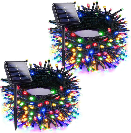 2pk Multi-Colored Solar Christmas Lights Outdoor Waterproof, 200 LED 66 FT Solar Powered LED String Lights Green Wire with 8 Modes, Solar Fairy Lights for Xmas Tree Party Wedding Garden Decorations