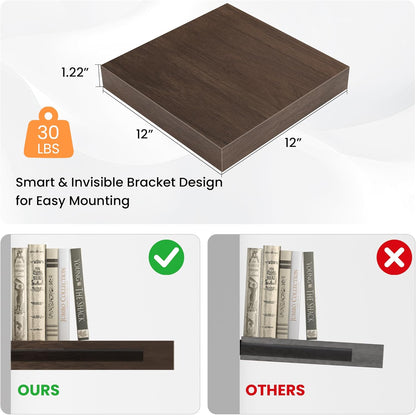 Square Floating Shelves for Wall, 12" W x 12" D x 1.2" H, Small Wooden Wall Mounted Display Shelves with Invisible Brackets for Living Room, Bedroom, Bathroom, Kitchen Decor, Set of 3, Walnut