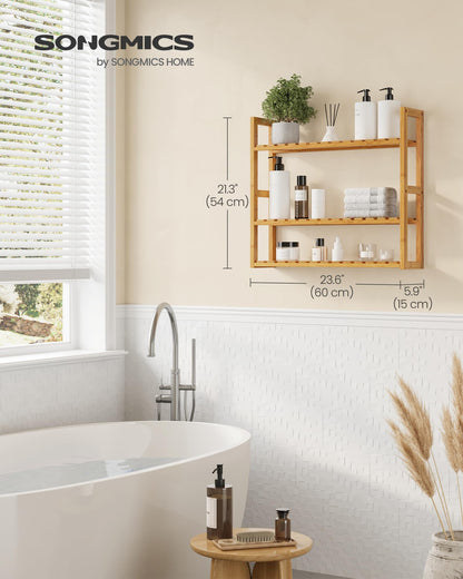 SONGMICS Bamboo Bathroom Shelf, 3-Tier Adjustable Plants Rack, Wall-Mounted or Stand, in the Living