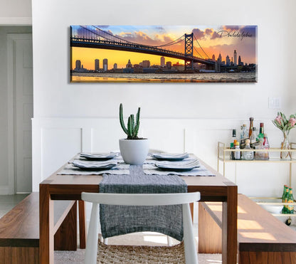 Philadelphia Skyline Wall Art Cityscape Living Room Decor Panorama Pictures City Building House Poster Canvas Print Bridge Sunset Scenery Office Bedroom Decorations Framed 13.8"x45.3"