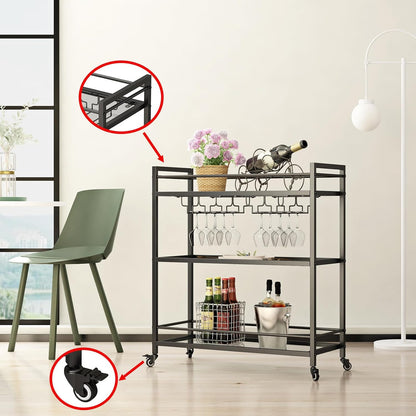 Glass Black Bar Carts for Home with Hanging Wine Rack - Home Bar Serving Cart with 3 Mirrored Shelves, Kitchen Bar Carts, Wine Cart for Entertaining, Club Party.
