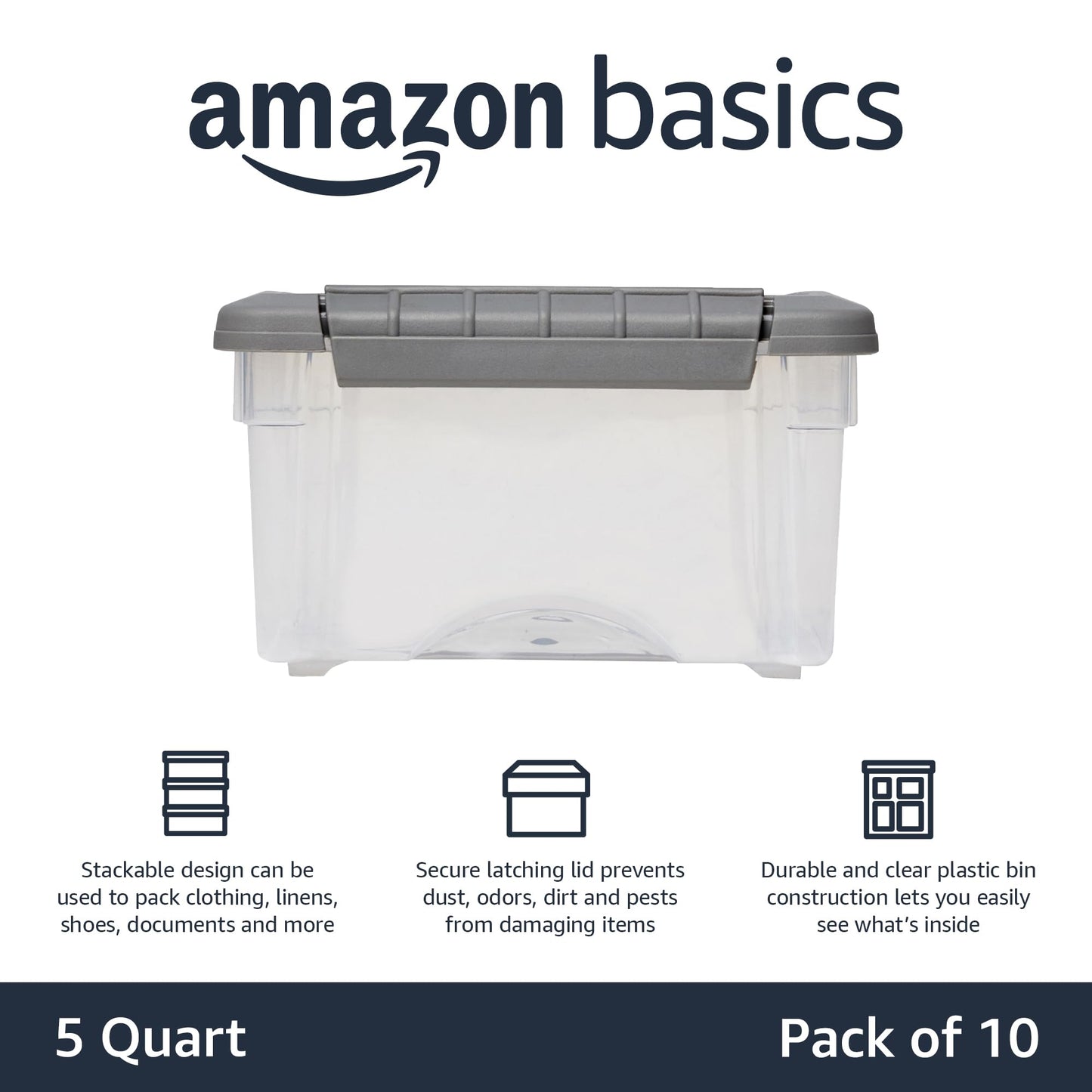Amazon Basics Plastic Storage Containers with Secure Latching Lids, Stackable Organization Bins