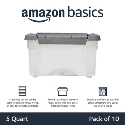 Amazon Basics Plastic Storage Containers with Secure Latching Lids, Stackable Organization Bins