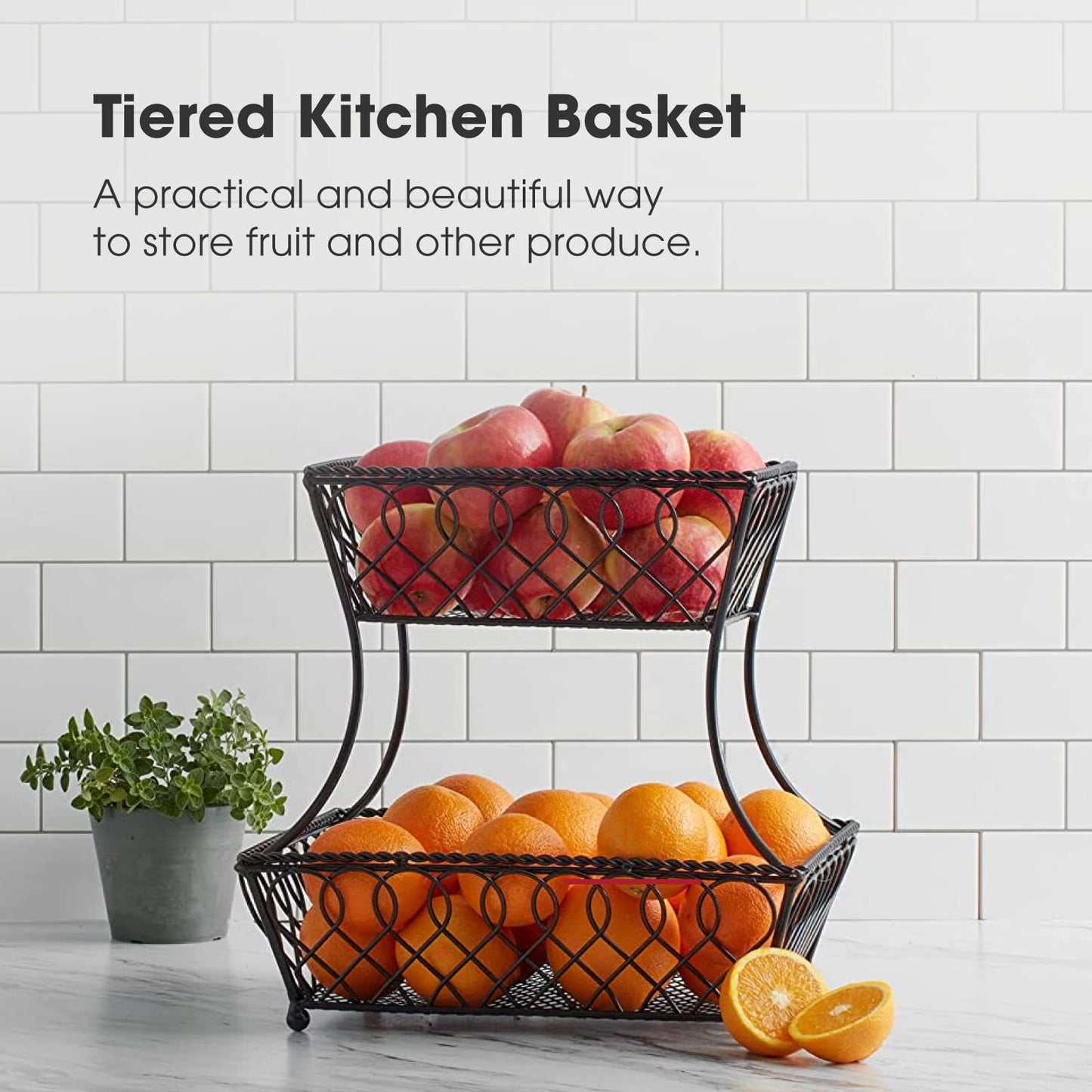 Gourmet Basics by Mikasa Loop and Lattice 2-Tier Rectangular Metal Countertop Basket, 14.25 x 12