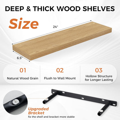 Fun Memories Floating Shelves for Wall, 24" Rustic Wood Deep Wall Mounted Shelves with Invisible Brackets for Decor & Storage, Floating Shelf for Living Room, Bathroom (Oak, Set of 2)