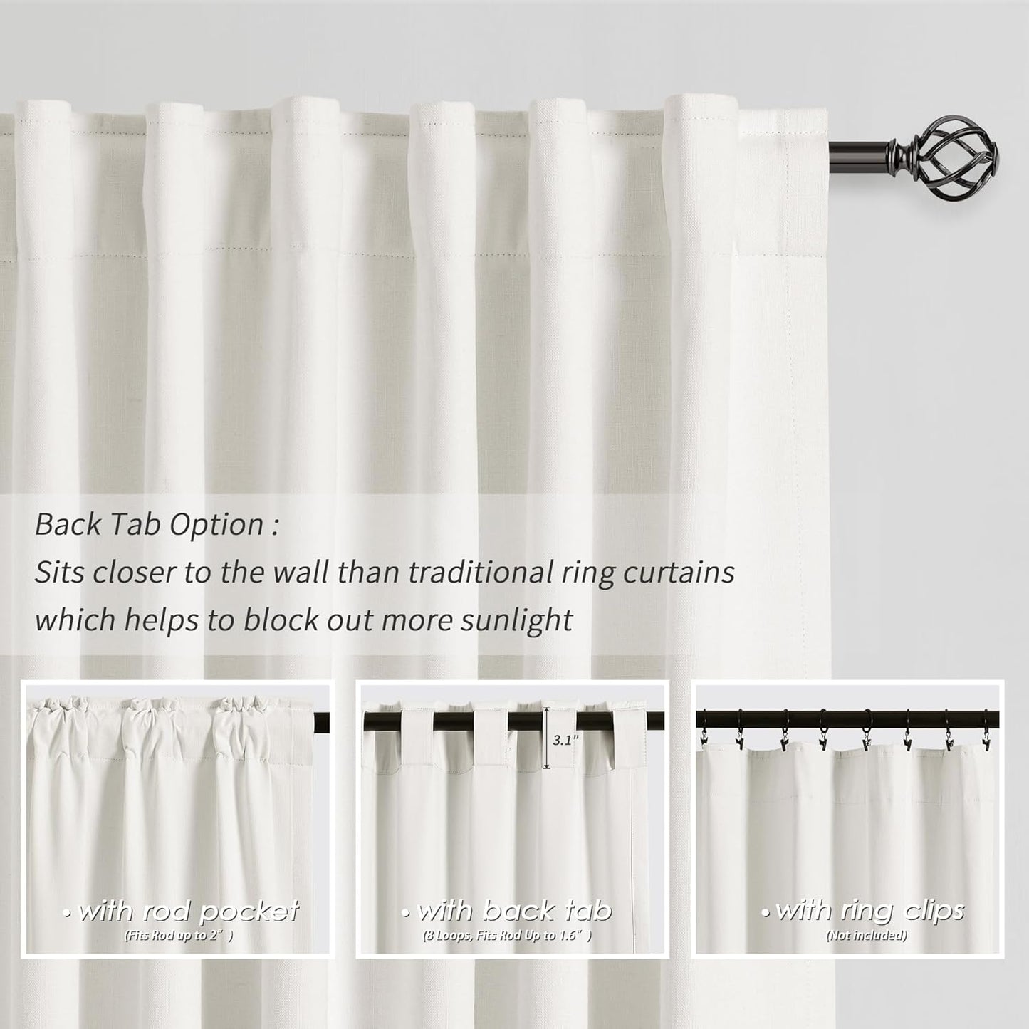 Ivory White Black Out Curtains 80 Inch Long for Bedroom Window Room Darkening Full Light Blocking Curtains Back Tab Neutral Elegant Off White Blackout Curtain Thermal Insulated Linen Drapes 52x80