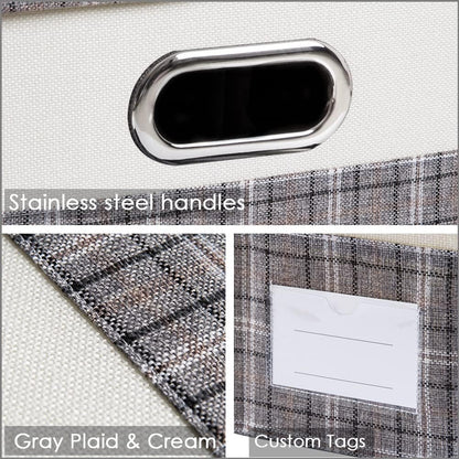 PRANDOM Collapsible Storage Bin with Lid [3-Pack] Fabric Foldable Storage Box Organizer Container Basket Cube with Cover for Home Bedroom Closet Office Nursery Gray plaid & Cream(14.9x9.8x9.8)