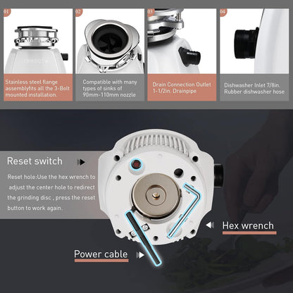 Trifecte Pro 3/4 HP Garbage Disposals with Sound Reduction,Food Waste Coutinuous Feed Garbage Disposal with Power Cord, Dishwasher Hook Up,3800RPM,White