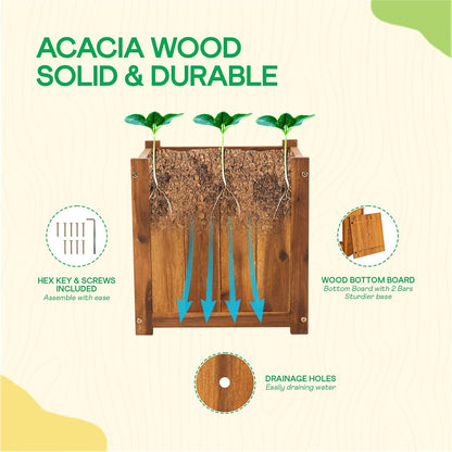 IDZO Set of 2 Acacia Wood Flower Planters for Outdoor Plants, Ergonomic Handles, Drainage Holes, Various Sizes, Ideal for Home Décor, Light Cherry