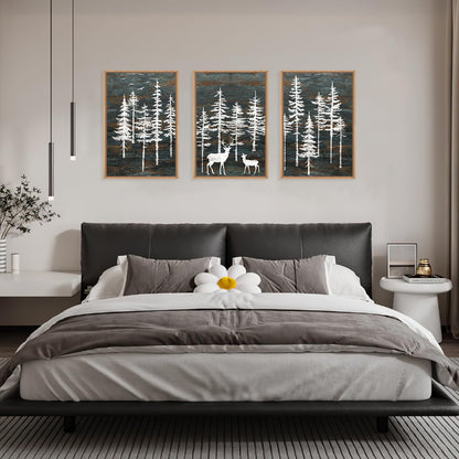Celestdeco Modern White Forest Framed Canvas Wall Art Set, Minimalist Woodland Art Painting, Retro Tree Landscape Wall Decor, Wildland Deer Artwork for Living Room, Dining Room, Office - 24"x36"x3
