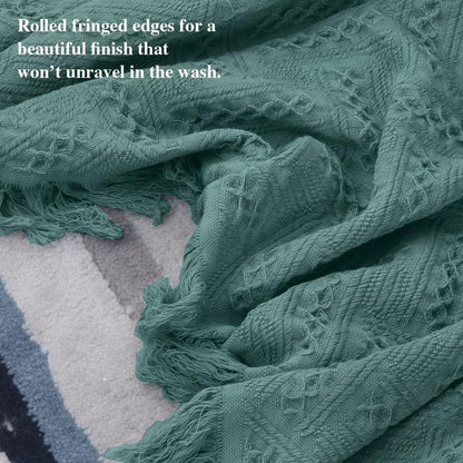 Simple&Opulence 100% Cotton Throw Blanket for Bed, Couch, Boho Luxury Geometric Knit Woven Blanket with Tassels Soft Lightweight Cozy Breathable, Vintage Farmhouse Decoration for All-Season(Green)