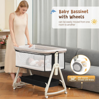 Baby Bassinet Bedside Sleeper for Baby,Bedside Bassinet with Wheels and Storage Basket,All Mesh 6 Height Adjustable Easy to Assemble Bedside Crib (Upgrade Black)