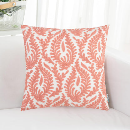 HWY 50 Coral Pink Decorative Throw Pillow Covers 18x18 Inch (1 Piece), Embroidered Cotton Farmhouse Cushion Cover Pillow Case for Sofa Couch Living Room Bed Bedroon, Floral Branches
