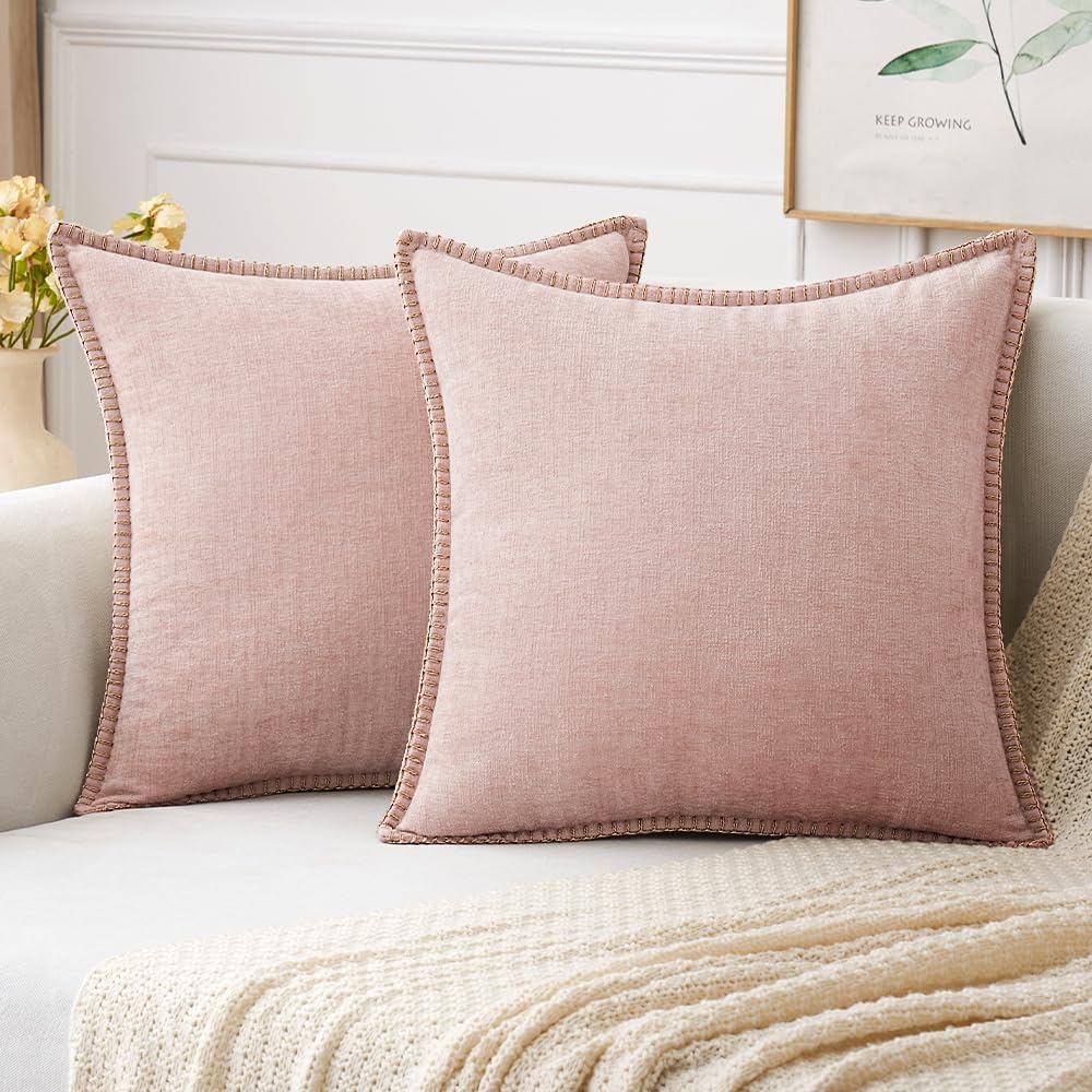 MIULEE Pack of 2 Couch Throw Pillow Covers 20x20 Inch Pink Valentine Farmhouse Decorative Pillow Covers with Stitched Edge Soft Chenille Solid Dyed Spring Pillow Covers for Sofa Bed Living Room