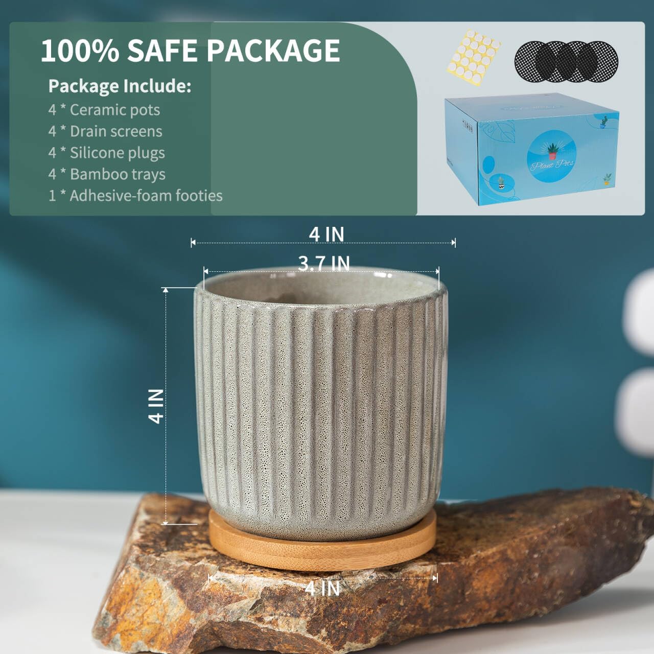 TAMAYKIM 4 Inch Cylinder Ceramic Plant Pots with Drainage Holes & Saucers, Glazed Green Grey Small Boho Planters with Trays for Indoor Flower, Snake Plants, Succulent, Cactus, Set of 4