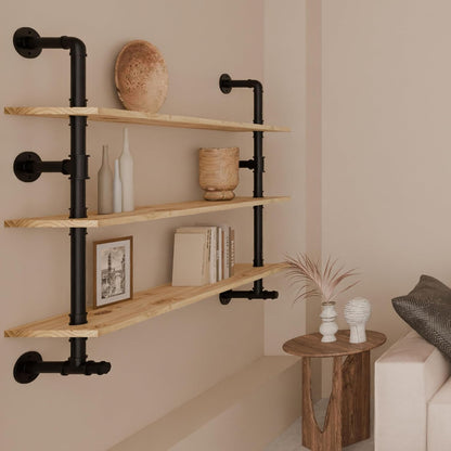 Industrial Pipe Wall Shelves Pipe Shelving with Real Wood Plank,48 Inches Floating Shelves for Wall Farmhouse Pipe Book Shelves Dark Brown 3 Tier for Kitchen,Living Room Decor and Bar Shelving