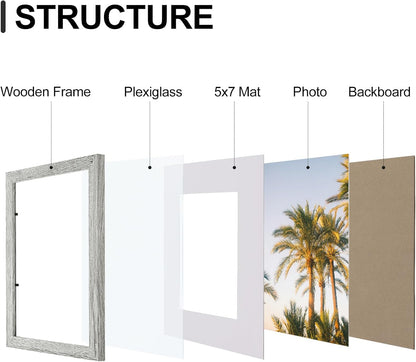 Vittanly 8x10 Picture Frames Set of 9, Shatter Resistant Plexiglass, Display 5x7 Pictures with Mat or 8x10 without Mat, Photo Frames for Wall or Tabletop, Engineered Wood, Grey