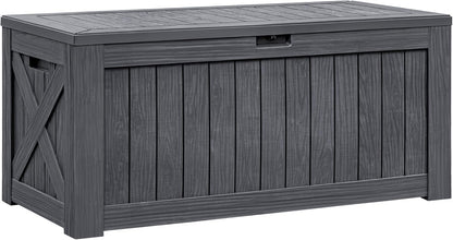 Flamaker Resin Deck Box 120 Gallon Waterproof Large Outdoor Indoor Storage Box Imitation Wood Resin for Patio Furniture Garden Tools and Pool (Gray)