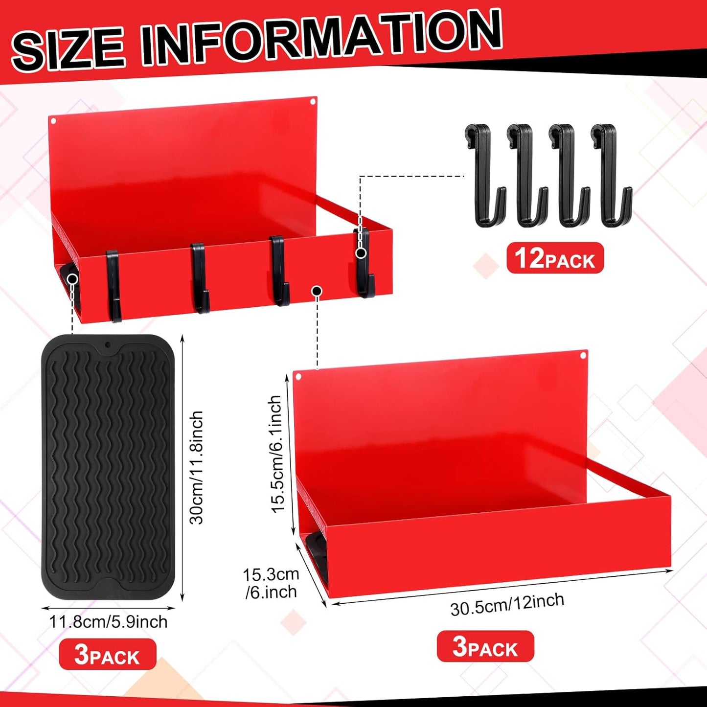 3 Pack Magnetic Garage Organizer Spice Rack for Refrigerator - 20 lb Capacity Shelf Hanging Heavy Duty Fridge Side for Organize Garage Tools, Red