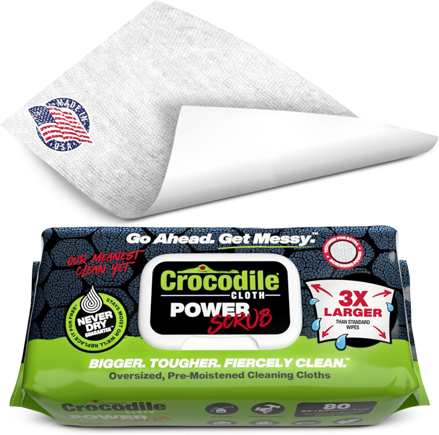 Crocodile Cloth PowerScrub - 80 Dual Surfaced Cloths, 10in X 15in. Large, Moist, Absorbent and Disposable Cleaning Cloths. Safe on Skin and Multiple Surfaces. (6500-080)