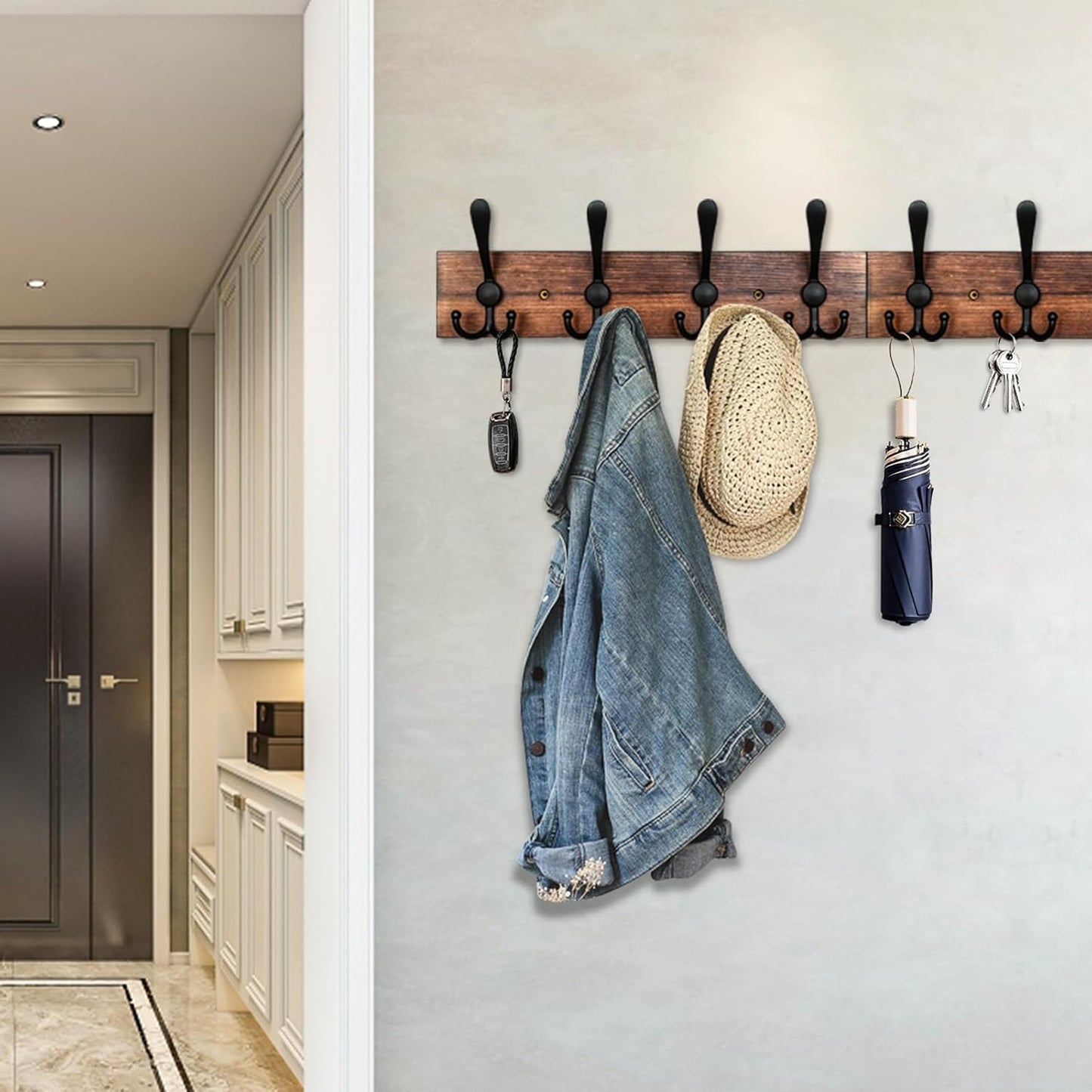 IBosins Wall Mounted Coat Rack, 31-2/5'' Long, Entryway Hanging Rack, Metal Wood Coat Hooks Rack with 8 Black Rustic Tri-Hooks Rail for Coat, Bag, Towel, Key, Hat, Umbrella