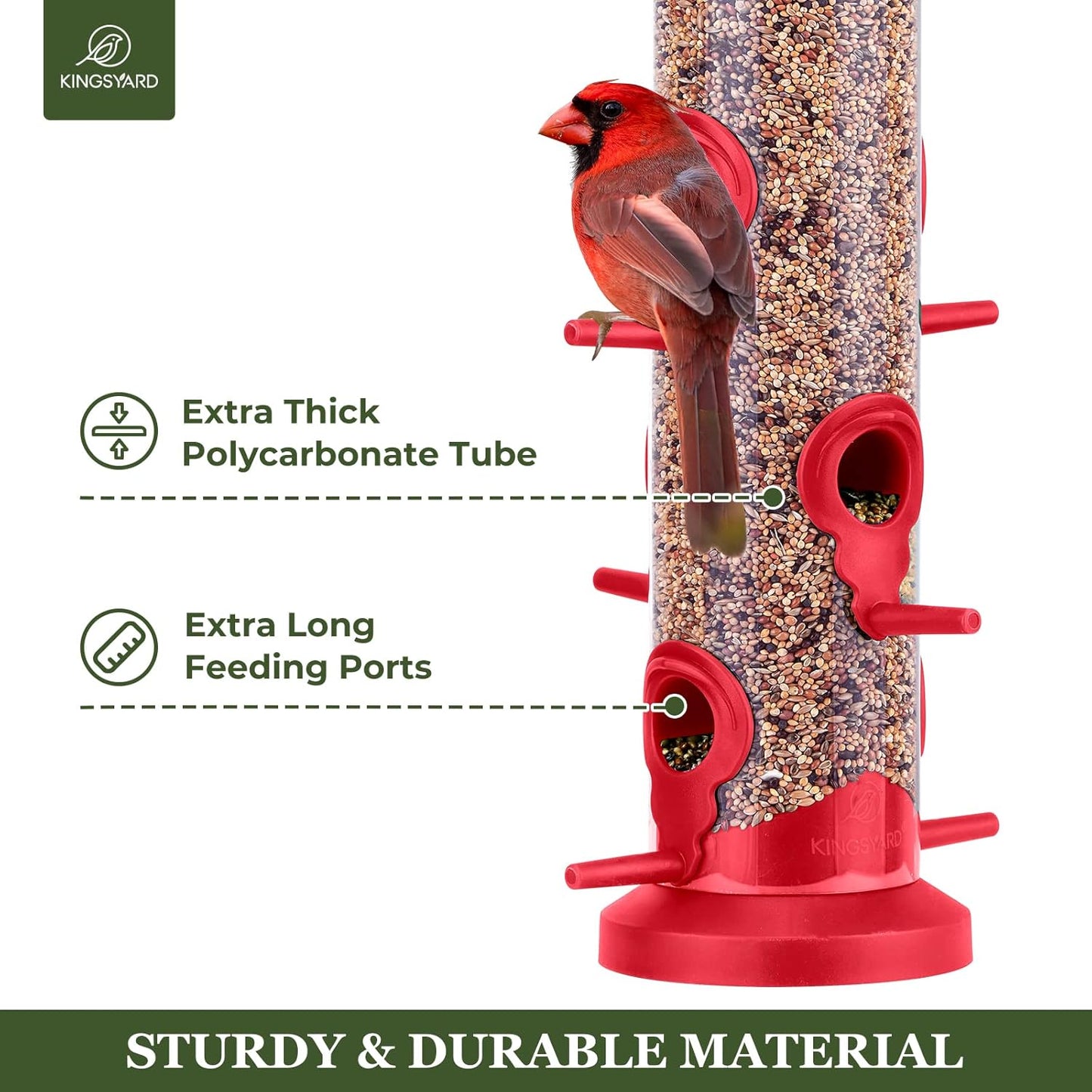 Kingsyard 2 Pack Tube Bird Feeders for Outdoors Hanging, Premium Hard Plastic Bird Feeder with 6 Feeding Ports, Weatherproof & Steel Hanger, Attracting for Wild Birds (Red)