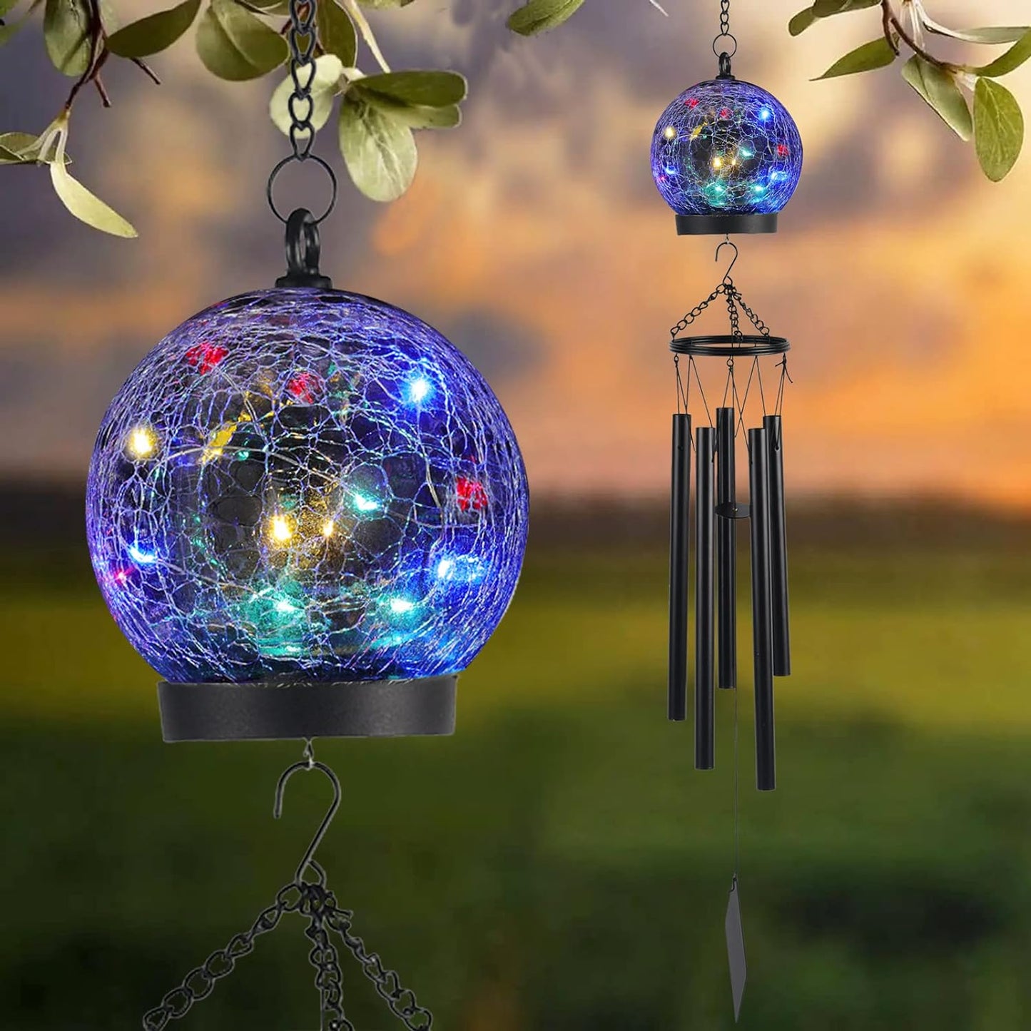 Wind Chimes Outdoor Solar Lights, 42 Inch Large Sympathy Chime 15 LED Twinkle Multi Color Crackled Glass Ball Birthday Gifts for Women Decorative Hanging in Garden, Yard, Patio, Landscape