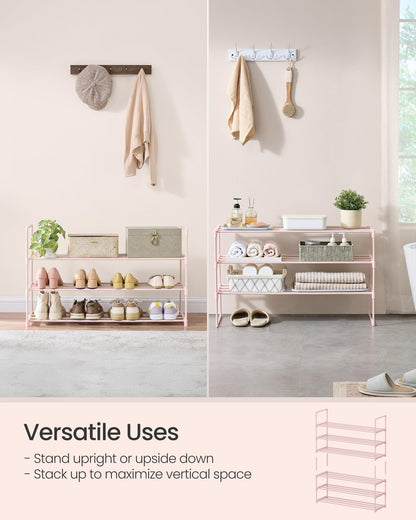 SONGMICS Shoe Rack, 3-Tier Shoe Organizer, Metal Storage Shelf, Upright or Upside Down, for 16-20