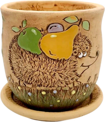 Ceramic Pot with Drainage Hole and Saucer, Plant Pots, Modern Decorative Planters for House Plants Indoor Flowers Plants, Cute Flower Pot - Gifts (Hedgehog (0.7 L))