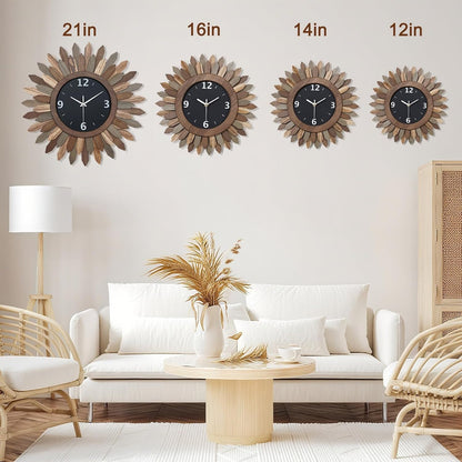 Honiway 14 Inch Wall Clock, Rustic Wood Boho Sunburst Decorative Wall Clocks Battery Operated Silent Non Ticking Farmhouse Small Wall Clocks for Living Room Kitchen Bedroom Home Decor (Tricolor)