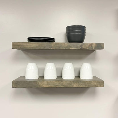 URBANDI, Rustic Floating Shelves, Set of 2, Hidden Bracket, Solid Wood, Heavy Duty, Wall Mounted Shelves, (Grey, 12Wx6D)