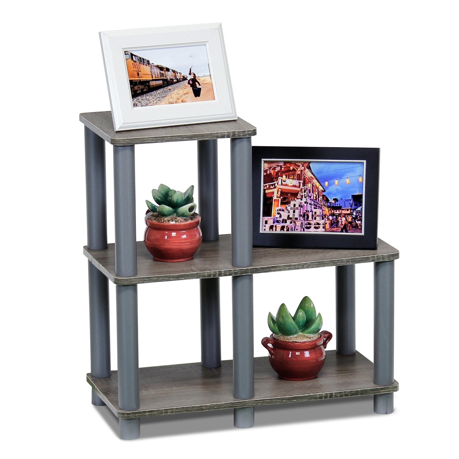 Furinno TURN-N-TUBE Storage Shelves, 2-Tier Ladder Shape Book Shelf with Open Frame Design, 3-Cube