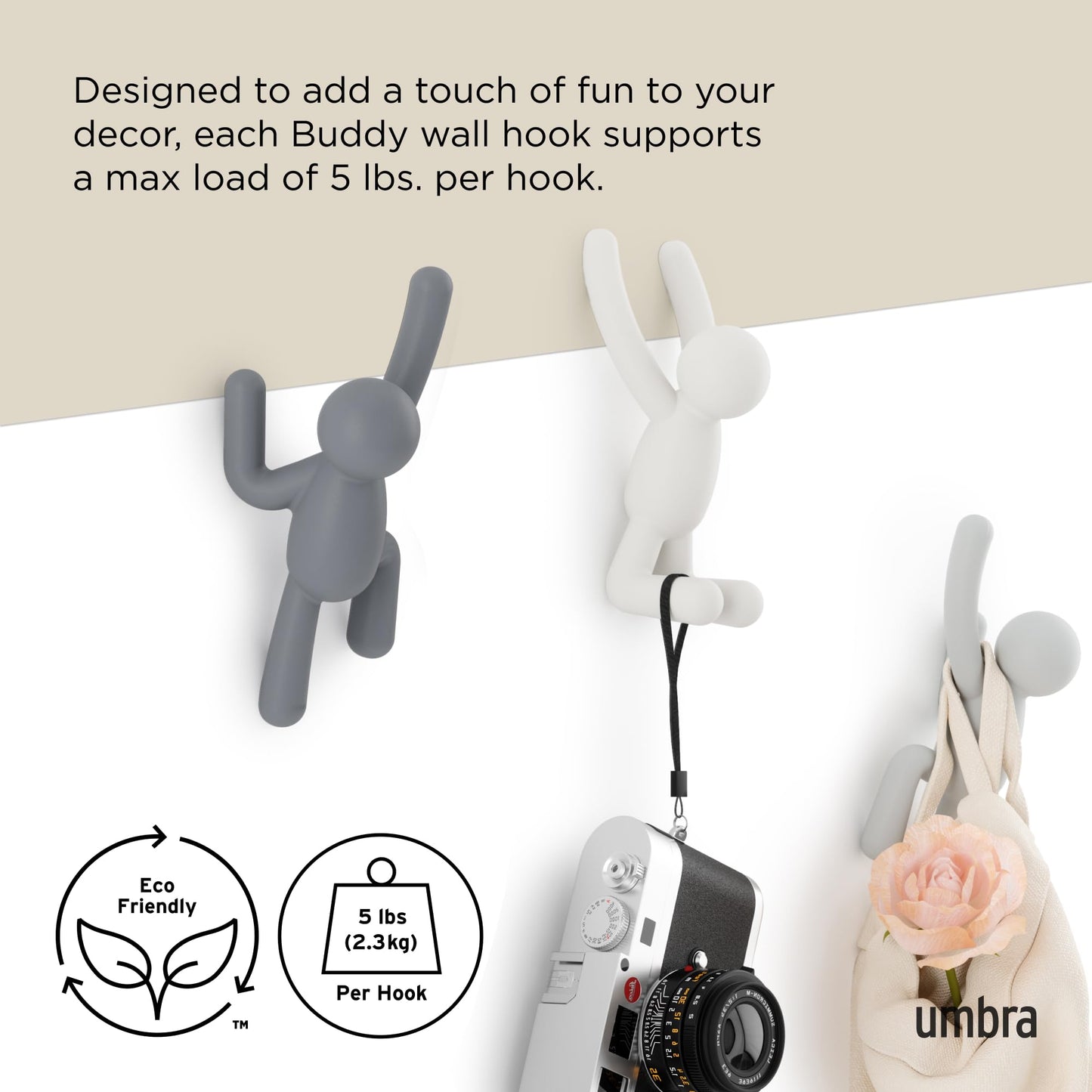 Umbra Buddy Wall Hooks, Decorative Wall Mount Coat Hooks, Set of 3, Grey