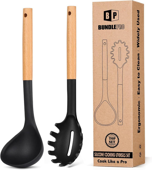 Silicone Pasta Fork and Ladle Spoon Set with Wooden Handle, Heat Resistant Non Stick Kitchen
