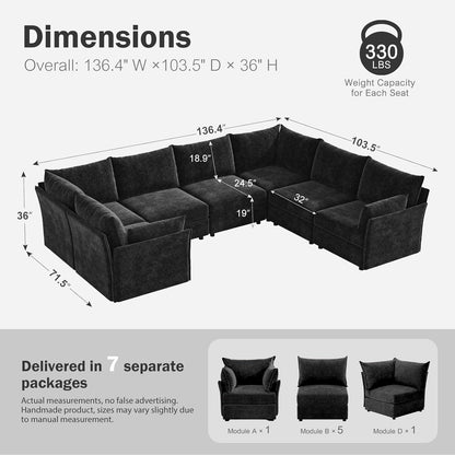 136.4" Oversized Modular Sectional Sofa, U Shaped Convertible Couch with Movable Ottoman, Large 7 Seat Corner Couches for Living Room Deep Seat Black Chenille