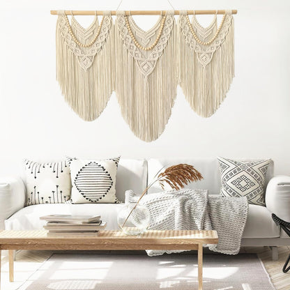 large macrame wall hanging - Boho Tapestry Macrame Wall Decor Art- Chic Bohemian Handmade Woven Tapestry Home Decoration for Bedroom Living Room Apartment Wedding Party - 43"x32" (Beige-Wood Bead)