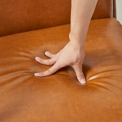 Glitzhome 2 Set Mid Century Yellowish Brown Accent Armchair, Single Reading Armchair PU Leather Lounge Chair with Walnut Ruberwood Frame