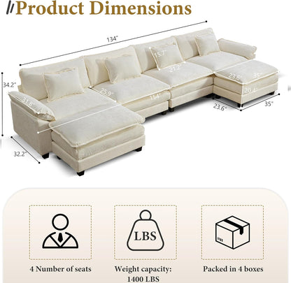 URRED Modular Sectional Sofa Comfy Cloud Couch, Modern Chenille Sofa Sleeper Deep Seat Couches with Ottoman/Pillows for Living Room (White, 154'' - U Shape)