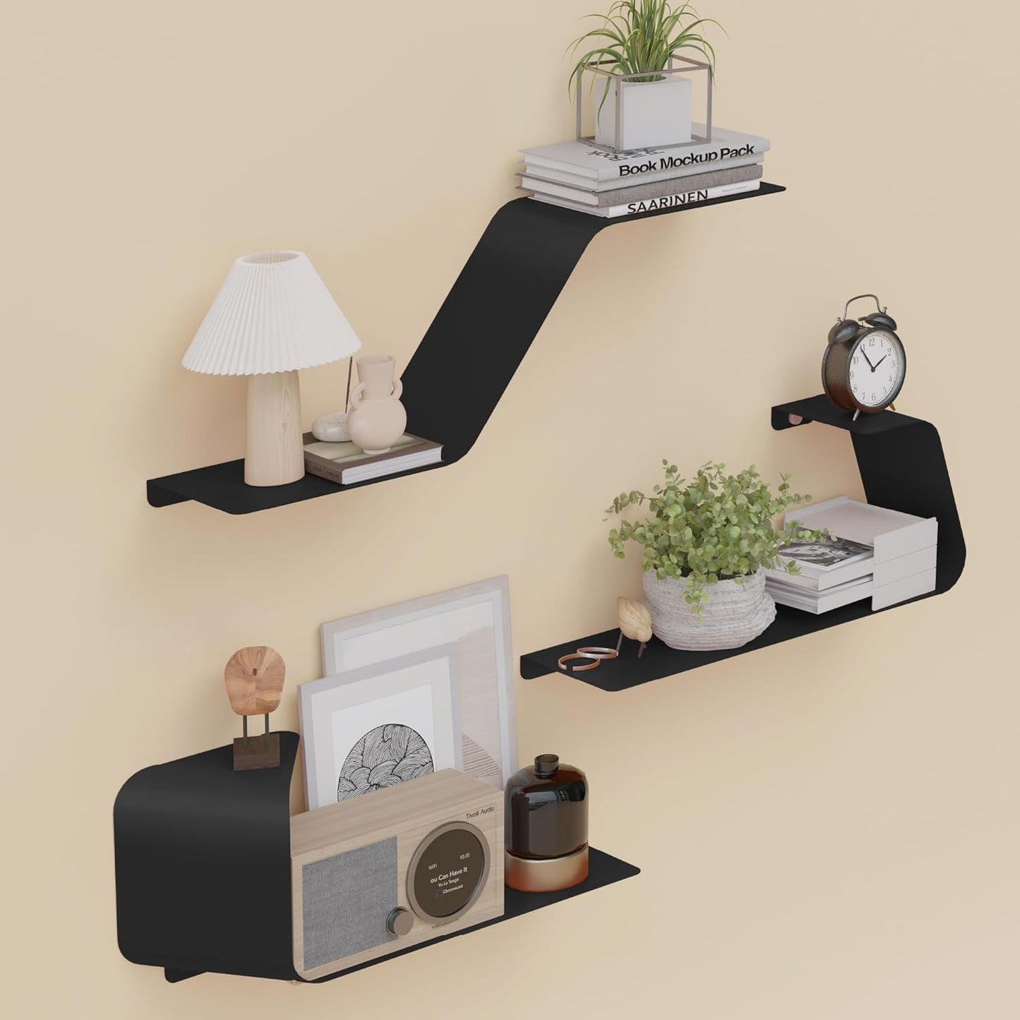 Floating Shelves, Wall Shelf, Set of 3 Wall Mounted Metal Shelves with Unique Design for Wall Storage, Book Shelf, Display Shelves for Bathroom Bedroom Kitchen Living Room for Home Black