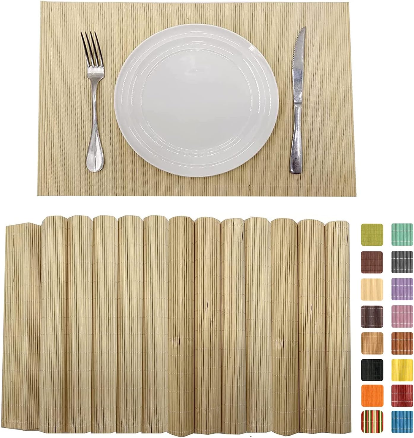 ANDSTAR Set of 12 Pcs Bamboo Placemats Sushi Rolling Mat Japanese Style Natural Anti-Slip Bamboo Placemats Washable Heat-Resistant Table Mats for Dining Room and Kitchen（ Natural Color）
