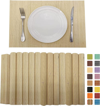 ANDSTAR Set of 12 Pcs Bamboo Placemats Sushi Rolling Mat Japanese Style Natural Anti-Slip Bamboo Placemats Washable Heat-Resistant Table Mats for Dining Room and Kitchen（ Natural Color）